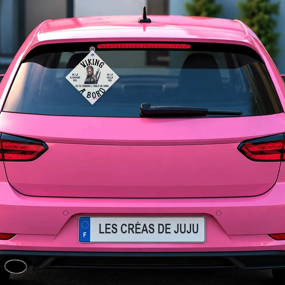 Plaque ventouse viking à bord derrière la lunette arrière d'une voiture rose – Les Créas De Juju