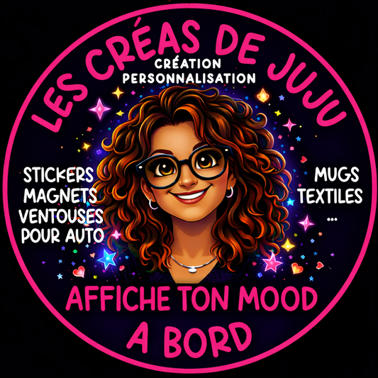 Bannière de présentation de la marque Les Créas de Juju, créations humoristiques faites main : magnets, stickers et mugs