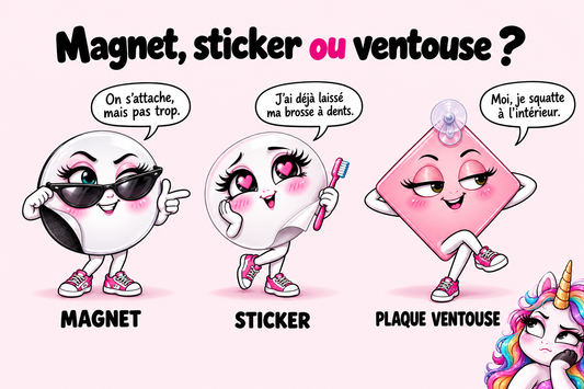 illustration humoristique d'un magnet, sticker et plaque ventouse
