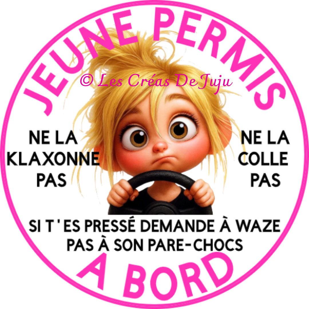Sticker pour voiture humour "à coller jeune permis à bord fille blonde" - Les Créas de Juju