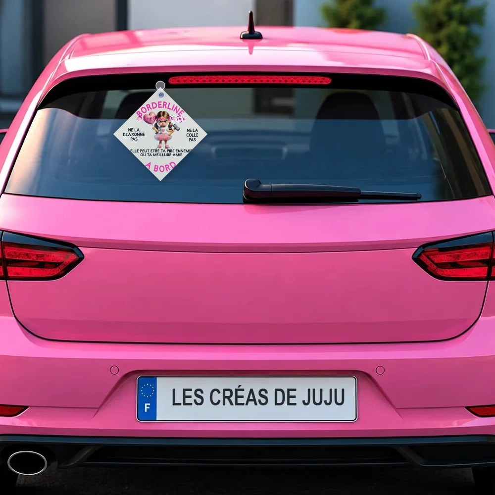Plaque ventouse borderline à bord 2 versions derrière la lunette arrière d'une voiture rose – Les Créas De Juju
