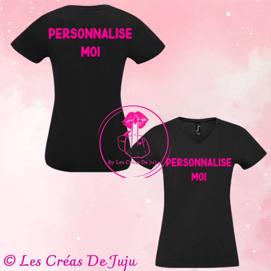 T-shirt femme noir personnalisable, col V, humour Les Créas de Juju