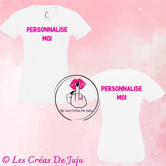 T-shirt femme blanc personnalisable, col V, humour Les Créas de Juju
