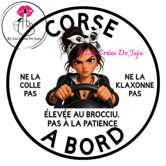 Sticker pour voiture humour "Corse à bord" fond blanc, élevée au brocciu, 18 cm - Les Créas de Juju