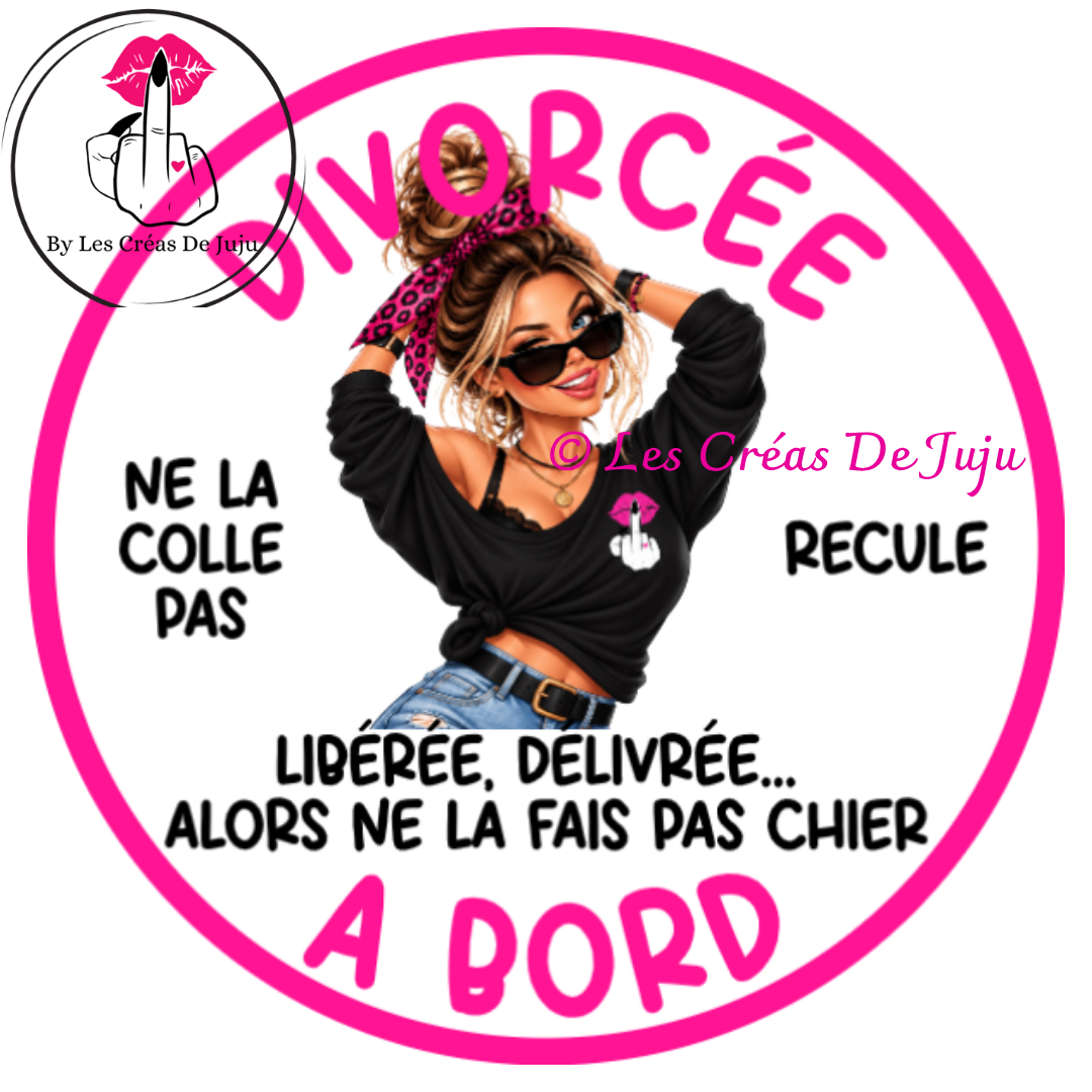 sticker voiture Divorcée à bord humoristique rose avec femme brune