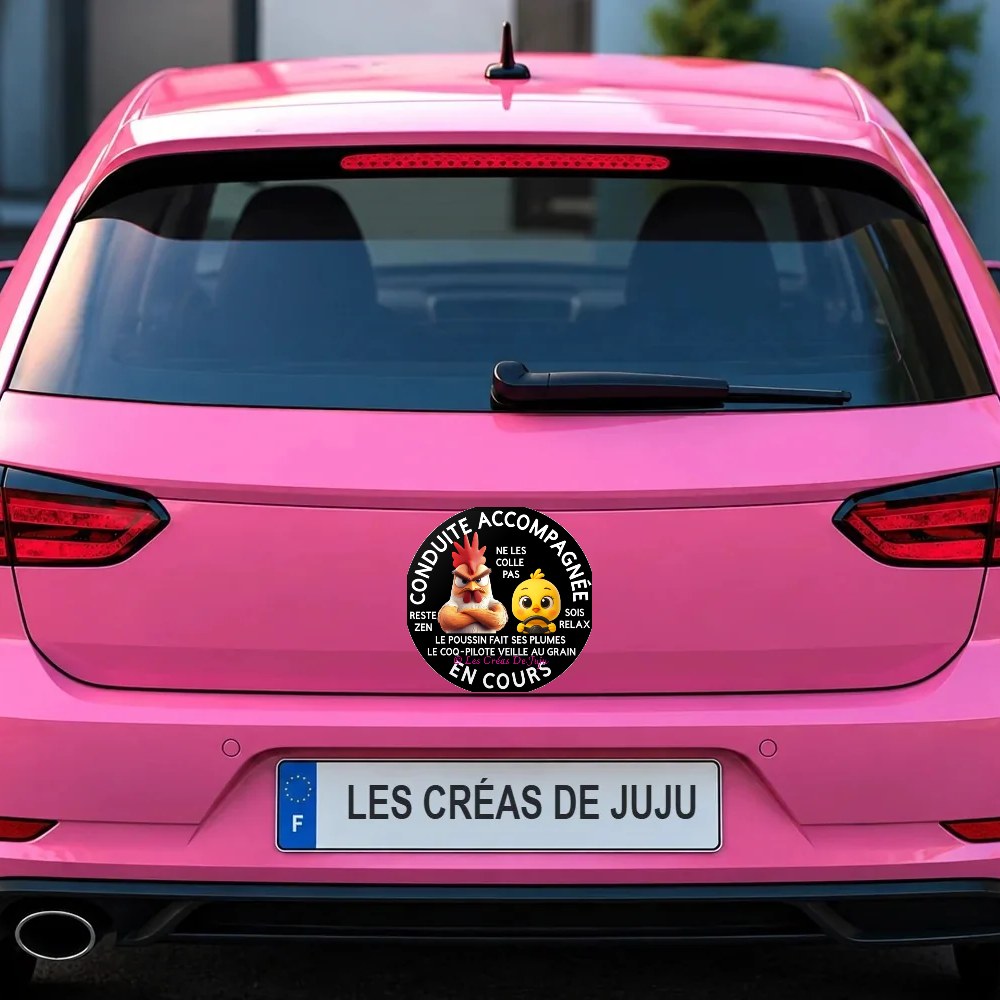Stickers conduite accompagnée en cours coq pilote v2 sur le coffre d'une voiture rose – Les Créas De Juju