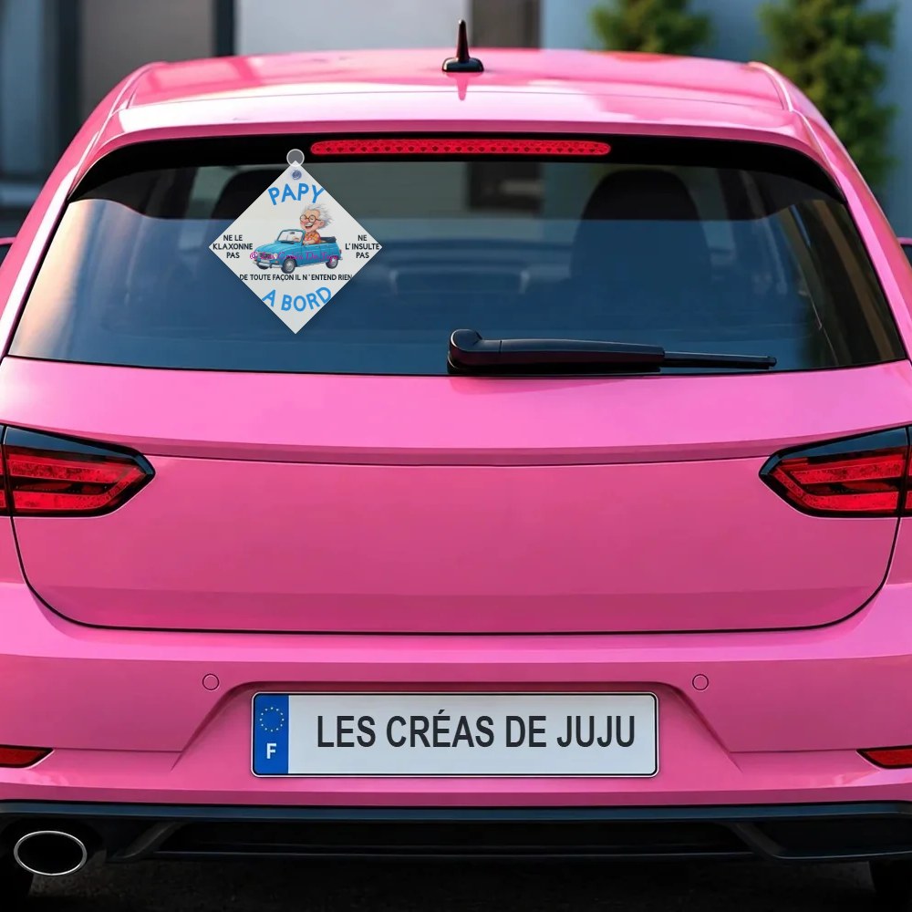 Plaque ventouse papy à bord derrière la lunette arrière d'une voiture rose – Les Créas De Juju