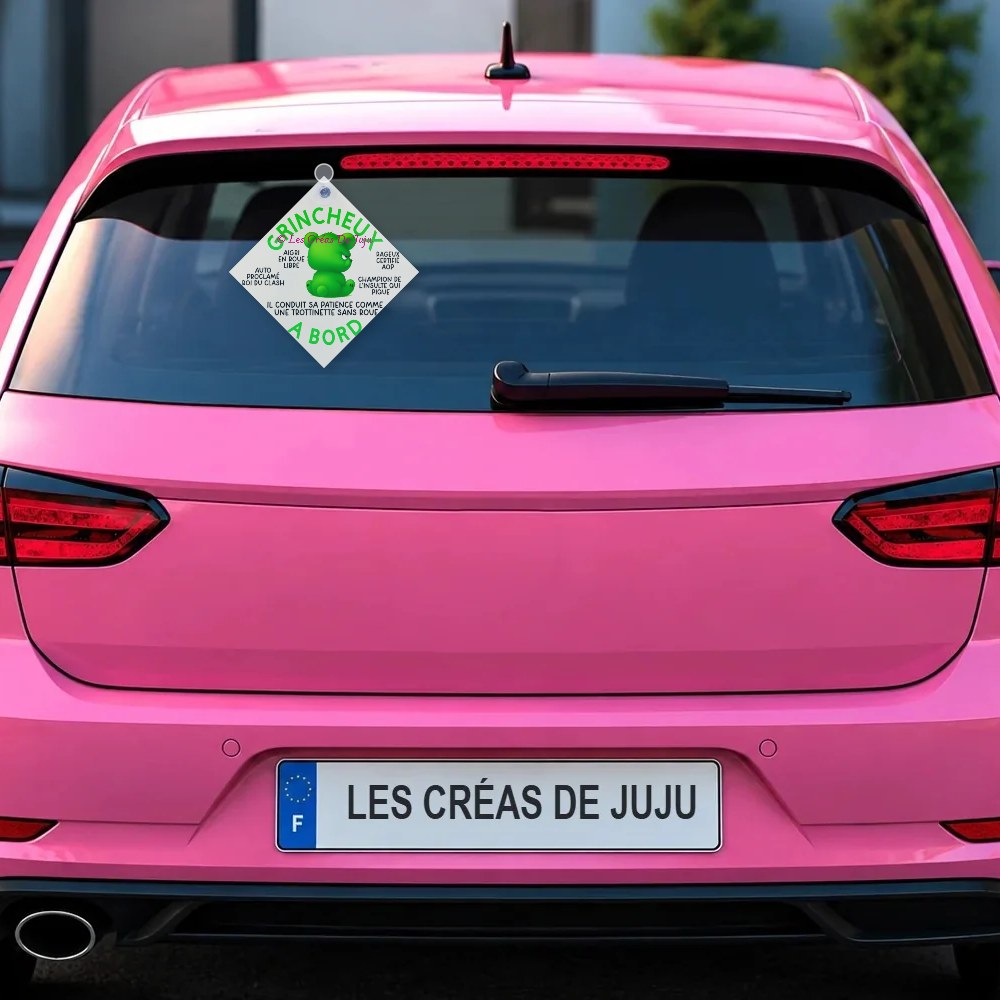 Plaque ventouse grincheux à bord derrière la lunette arrière d'une voiture rose – Les Créas De Juju