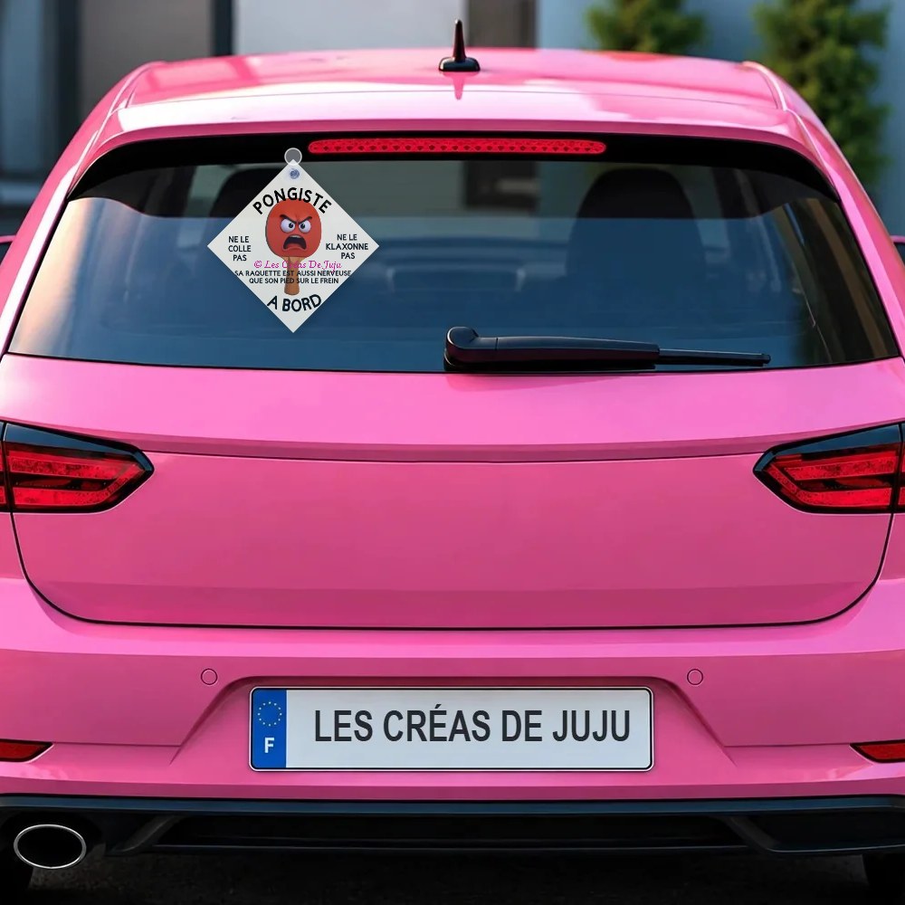 Plaque ventouse pongiste à bord derrière la lunette arrière d'une voiture rose – Les Créas De Juju